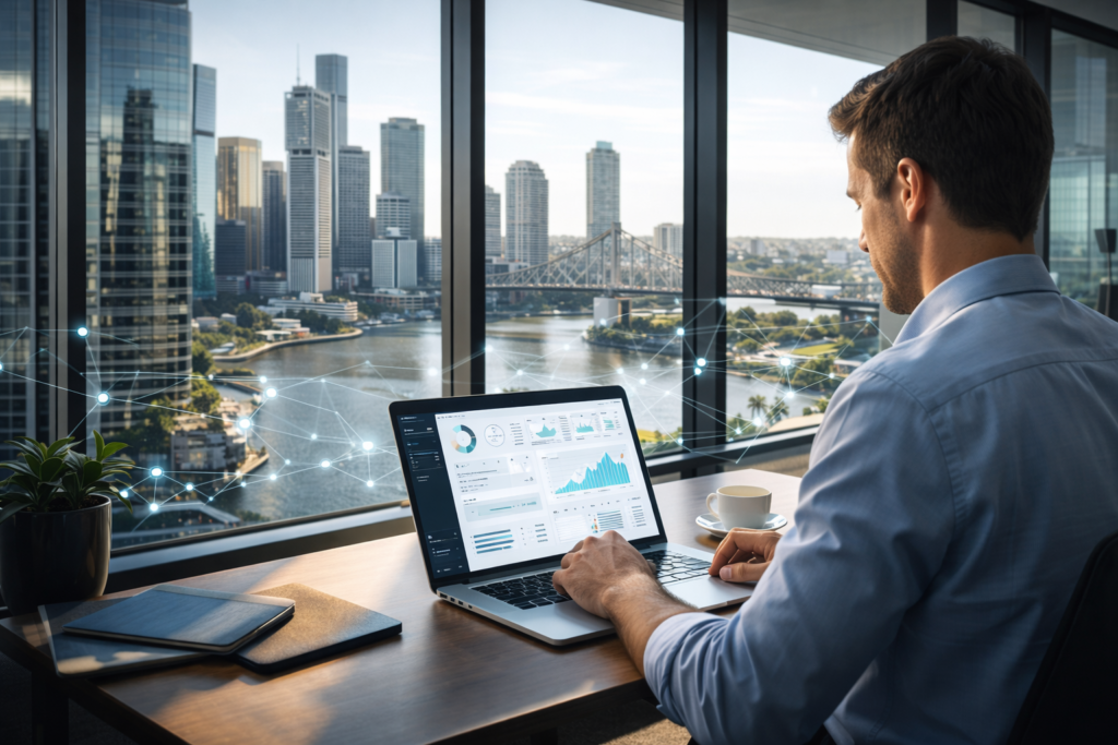 Brisbane professional working on laptop in bright office with city skyline and digital network concept